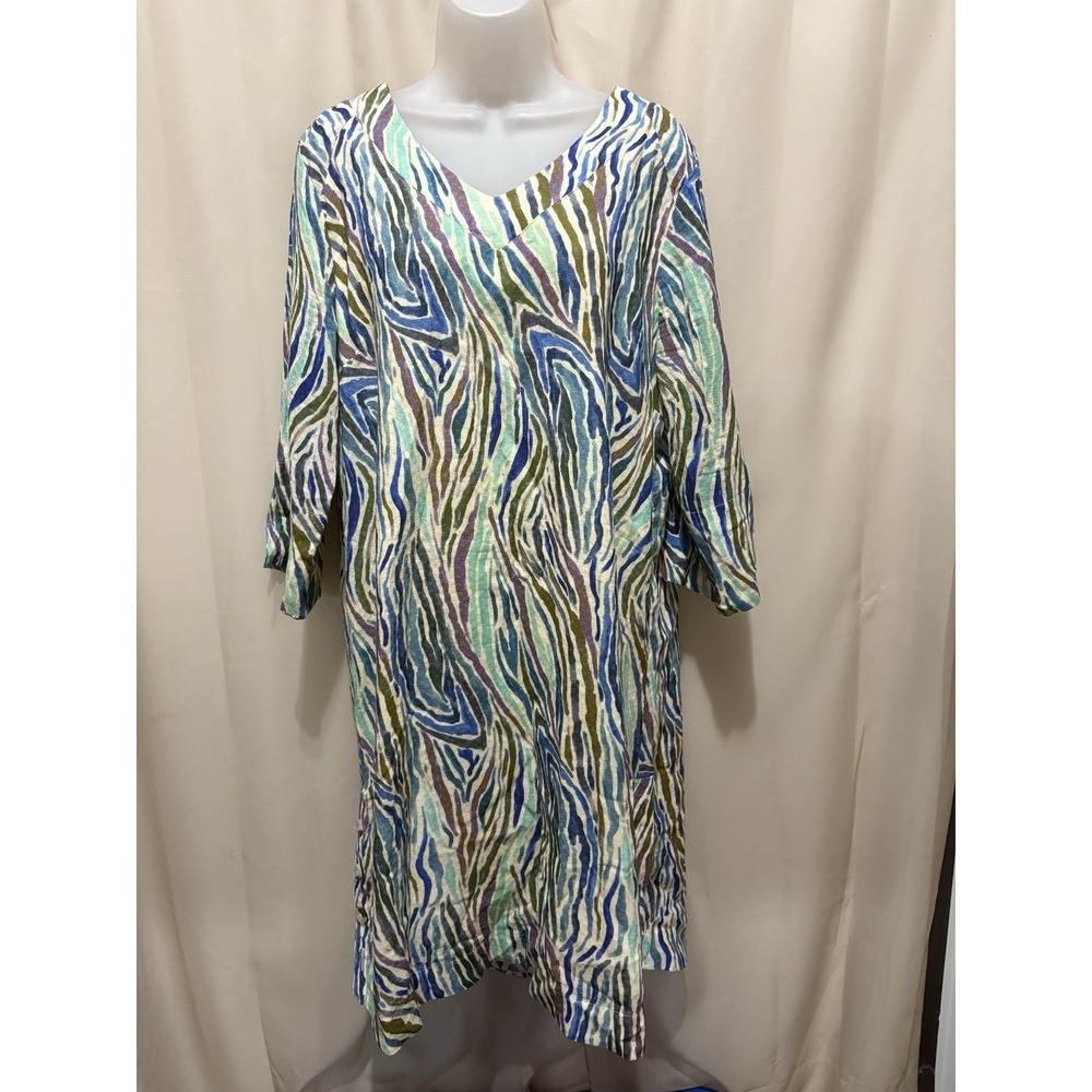Soft Surroundings Positano Zebra Print Dress Womens Size L V-Neck 3/4 Sleeve